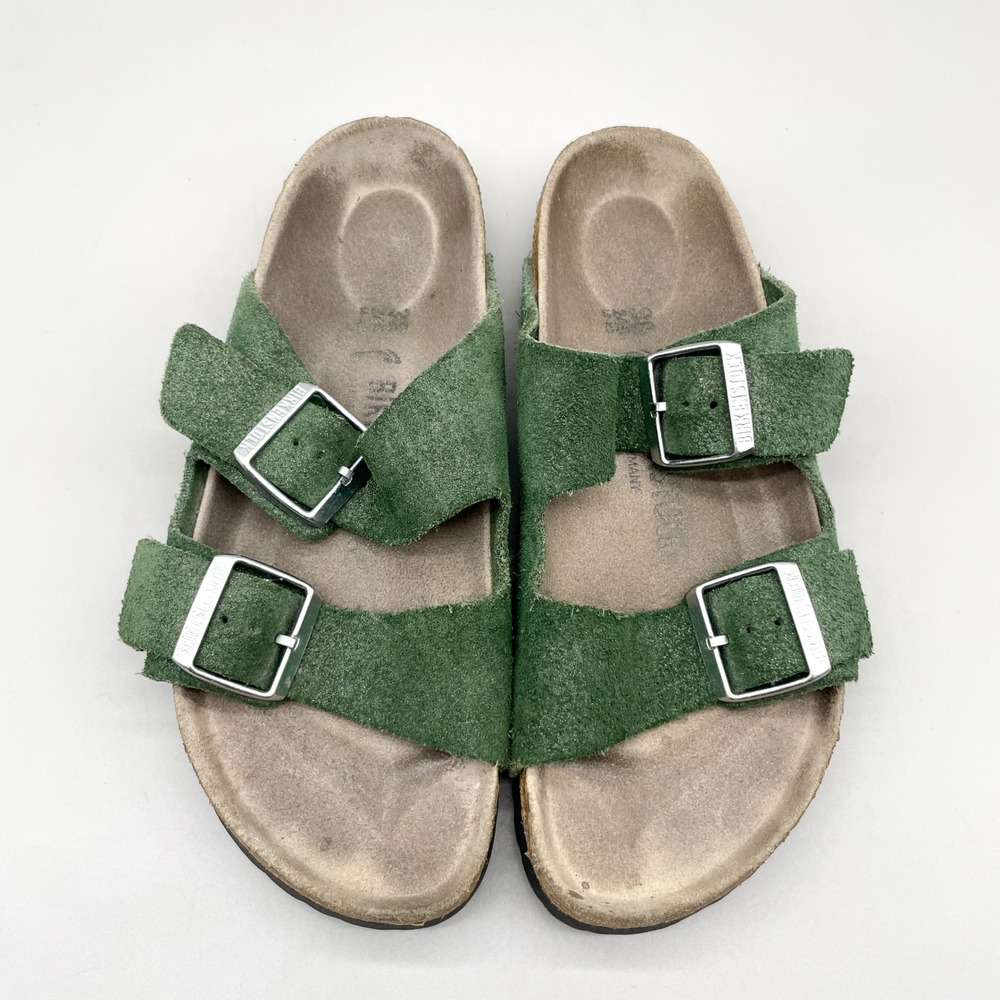 Birkenstock Womens 38 7 Arizona Sandals Green Suede Slide Shoes Boho Gorpcore